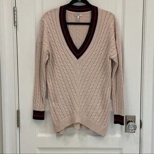 Joie Blush Cable V-Neck Sweater with Black & Red Stripe Trim
